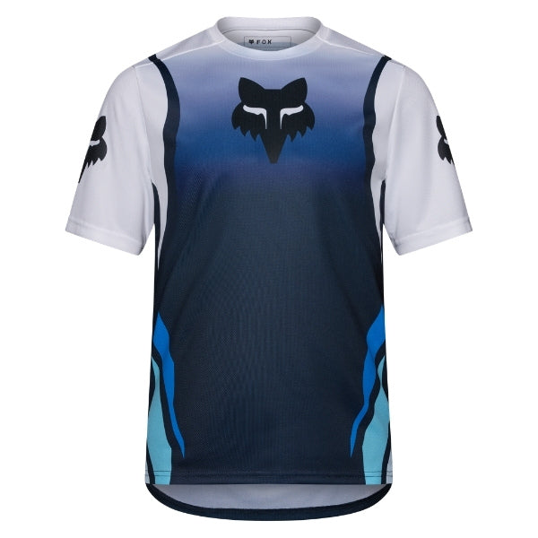 Fox Racing Ranger Foundry Jersey (MTB) in Midnight, front product view, with the crew neck, long sleeves, large Fox chest graphic, contrasting arm panels, and curved drop-tail hem. Available options—Color: Midnight, Sage; Size: SM, MD, LG, XL, 2X. SKU 40164-329-S. UPC 198571116784.