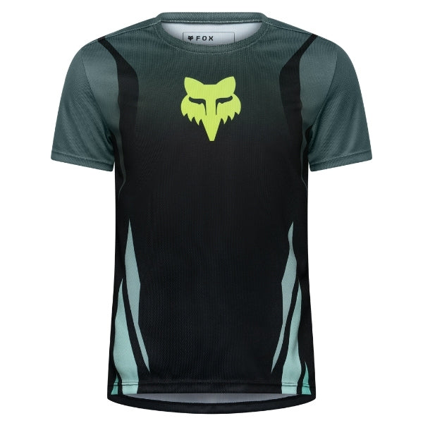 Fox Racing Ranger Foundry Jersey (MTB) (Youth) in Sage, front product view, with the crew neck, long sleeves, large Fox chest graphic, contrasting arm panels, and curved drop-tail hem. Available options—Color: Sage; Size: Y-SM, YMD, Y-LG, Y-XL. SKU 40165-221-YS. UPC 198571120255.