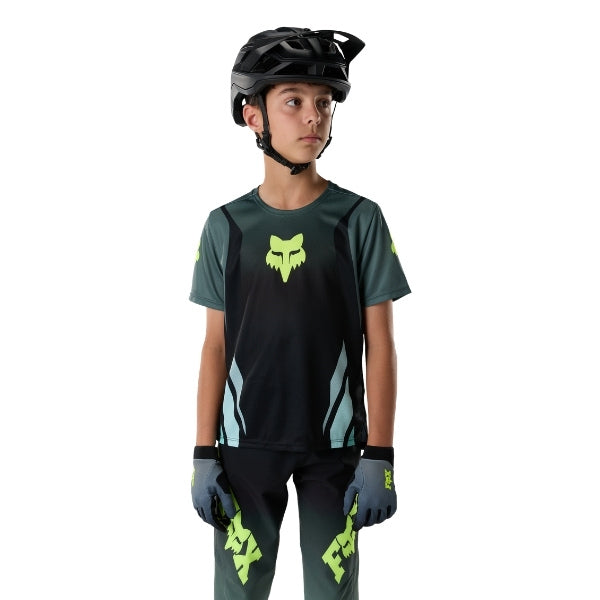 Fox Racing Ranger Foundry Jersey (MTB) (Youth) in Sage, close-up of the chest and shoulder panels, with the printed Fox artwork, mesh-knit texture, reinforced seam lines, and shaped cuff or hem. Available options—Color: Sage; Size: Y-SM, YMD, Y-LG, Y-XL. SKU 40165-221-YXL. UPC 198571120286.