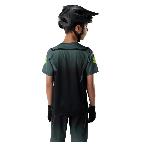 Fox Racing Ranger Foundry Jersey (MTB) (Youth) in Sage, close-up of the sleeve graphic and cuff, with the printed Fox artwork, mesh-knit texture, reinforced seam lines, and shaped cuff or hem. Available options—Color: Sage; Size: Y-SM, YMD, Y-LG, Y-XL.