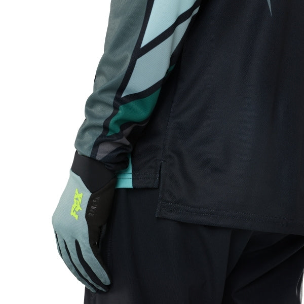 Fox Racing Ranger Foundry Long Sleeve Jersey (MTB) in Sage, close-up of the sleeve graphic and cuff, with the printed Fox artwork, mesh-knit texture, reinforced seam lines, and shaped cuff or hem. Available options—Color: Midnight, Sage; Size: SM, MD, LG, XL, 2X. SKU 40166-221-2X. UPC 198571120330.