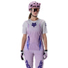 Fox Racing Ranger Foundry Jersey (MTB) (Womens) in Lavender Drift, close-up of the sleeve graphic and cuff, with the printed Fox artwork, mesh-knit texture, reinforced seam lines, and shaped cuff or hem. Available options—Color: Lavender Drift; Size: XS, SM, MD, LG, XL. SKU 40168-F07-XL. UPC 198571115435.