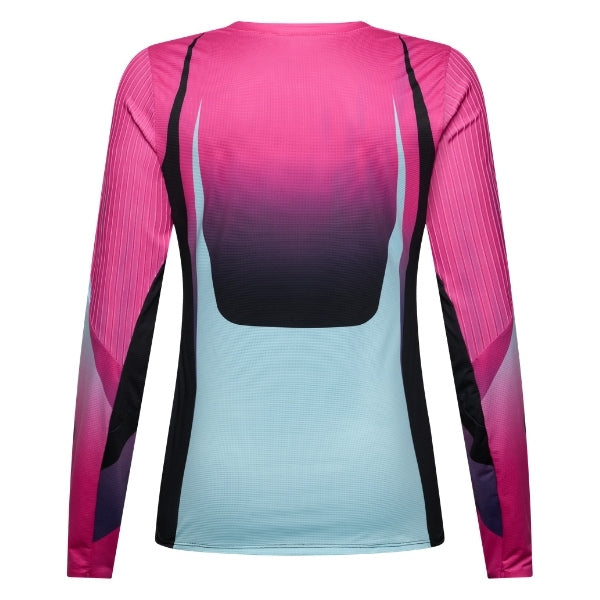 Fox Racing Flexair SE TS57 Long Sleeve Jersey (MTB) (Womens) in Pink, rear product view, with the back graphic, shoulder panels, long sleeves, and drop-tail hem. Available options—Color: Pink; Size: XS, SM, MD, LG, XL. SKU 40169-170-S. UPC 198571134993.