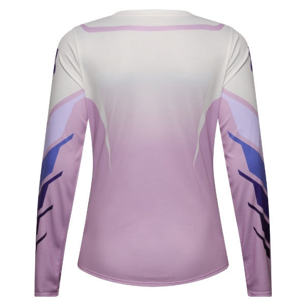 Fox Racing Ranger Foundry Long Sleeve Jersey (MTB) (Womens) in Lavender Drift, rear product view, with the back graphic, shoulder panels, long sleeves, and drop-tail hem. Available options—Color: Lavender Drift; Size: XS, SM, MD, LG, XL. SKU 40170-F07-S. UPC 198571115459.