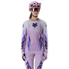 Fox Racing Ranger Foundry Long Sleeve Jersey (MTB) (Womens) in Lavender Drift, close-up of the chest and shoulder panels, with the printed Fox artwork, mesh-knit texture, reinforced seam lines, and shaped cuff or hem. Available options—Color: Lavender Drift; Size: XS, SM, MD, LG, XL. SKU 40170-F07-L. UPC 198571115473.