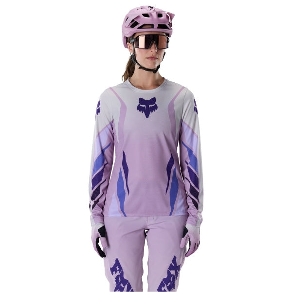 Fox Racing Ranger Foundry Long Sleeve Jersey (MTB) (Womens) in Lavender Drift, close-up of the chest and shoulder panels, with the printed Fox artwork, mesh-knit texture, reinforced seam lines, and shaped cuff or hem. Available options—Color: Lavender Drift; Size: XS, SM, MD, LG, XL. SKU 40170-F07-L. UPC 198571115473.