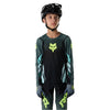 Fox Racing Ranger Foundry Long Sleeve Jersey (MTB) (Youth) in Sage, modeled front three-quarter view, with the crew neck, long sleeves, contrasting shoulder and arm graphics, and extended rear hem on a rider. Available options—Color: Sage; Size: Y-SM, YMD, Y-LG, Y-XL. SKU 40171-221-YL. UPC 198571120361.