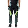 Fox Racing Ranger Foundry Pants (MTB) in Sage, close-up of the side thigh and knee panels, with the ratcheting waist adjuster, stretch yoke, shaped hip panel, and reinforced knee or thigh material. Available options—Color: Midnight, Sage; Size: 28, 30, 32, 34, 36, 38, 40. SKU 40174-221-36. UPC 198571120422.