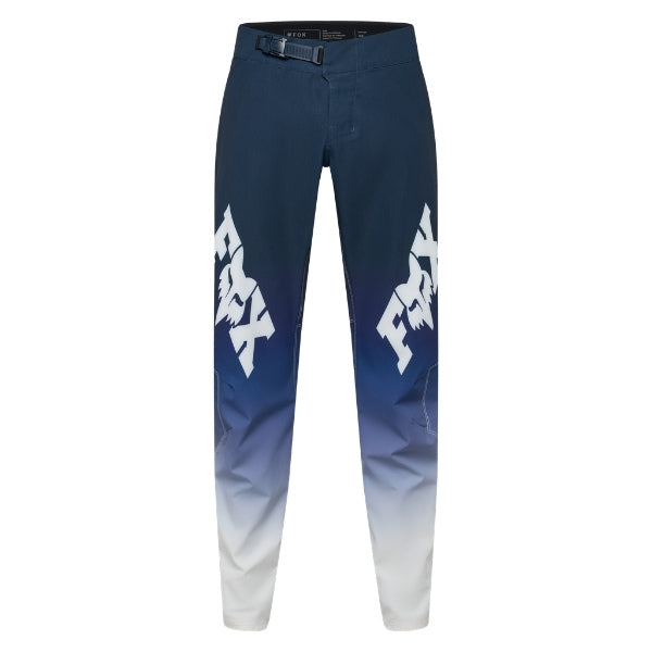 Fox Racing Ranger Foundry Pants (MTB) in Midnight, front product view, with the adjustable waist, articulated knees, contrasting leg graphics, reinforced inner knees, and tapered cuffs. Available options—Color: Midnight, Sage; Size: 28, 30, 32, 34, 36, 38, 40. SKU 40174-329-28. UPC 198571116883.