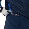 Fox Racing Ranger Foundry Pants (MTB) in Midnight, close-up of the waist and hip panels, with the ratcheting waist adjuster, stretch yoke, shaped hip panel, and reinforced knee or thigh material. Available options—Color: Midnight, Sage; Size: 28, 30, 32, 34, 36, 38, 40. SKU 40174-329-32. UPC 198571116906.