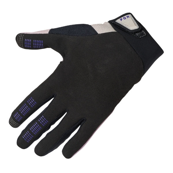 Fox Racing Ranger Foundry Gloves (MTB) (Womens) in Lavender Drift, palm-side view, with the perforated palm, silicone finger grips, curved fingertips, and slip-on cuff. Available options—Color: Lavender Drift; Size: SM, MD, LG. SKU 40177-F07-M. UPC 198571115114.