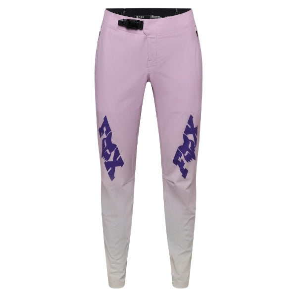 Fox Racing Ranger Foundry Pants (MTB) (Womens) in Lavender Drift, front product view, with the adjustable waist, articulated knees, contrasting leg graphics, reinforced inner knees, and tapered cuffs. Available options—Color: Lavender Drift; Size: 2, 4, 6, 8, 10, 12, 14, 16. SKU 40212-F07-2. UPC 198571115497.