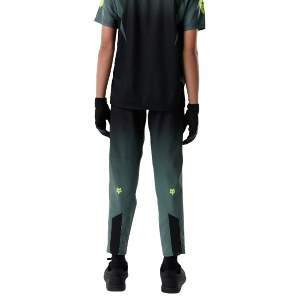 Fox Racing Ranger Foundry Pants (MTB) (Youth) in Sage, rear lower-leg and cuff view, with the reinforced seat, rear yoke, articulated knees, tapered legs, and lower-leg graphics. Available options—Color: Sage; Size: Y-22, Y-24, Y-26, Y-28.