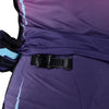 Fox Racing Flexair SE TS57 Pants (MTB) (Womens) in Pink, close-up of the waist and hip panels, with the ratcheting waist adjuster, stretch yoke, shaped hip panel, and reinforced knee or thigh material. Available options—Color: Pink; Size: 2, 4, 6, 8, 10, 12, 14, 16. SKU 40264-170-6. UPC 198571134900.