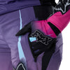 Fox Racing Flexair SE TS57 Pants (MTB) (Womens) in Pink, close-up of the ratcheting waist closure, with the ratcheting waist adjuster, stretch yoke, shaped hip panel, and reinforced knee or thigh material. Available options—Color: Pink; Size: 2, 4, 6, 8, 10, 12, 14, 16. SKU 40264-170-8. UPC 198571134917.
