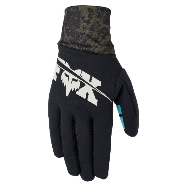 Fox Racing Ranger Fire SE Lunar Gloves (MTB) (Womens) in Black, back-of-hand view, with the Fox hand graphic, flexible finger panels, shaped knuckles, and stretch cuff. Available options—Color: Black; Size: SM, MD, LG. SKU 40268-001-S. UPC 198571108376.