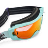 Fox Racing Vue Max SE TS57 Goggles (MTB) (Womens) in Pink, three-quarter lens and frame view, with the curved lens, vented frame, nose bridge, foam edge, and Fox-branded strap. Available options—Color: Pink.