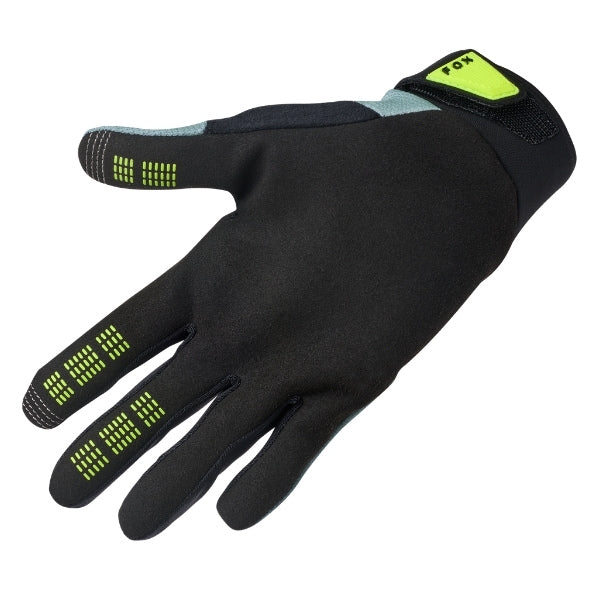 Fox Racing Ranger Foundry Gloves (MTB) (Youth) in Sage, palm-side view, with the perforated palm, silicone finger grips, curved fingertips, and slip-on cuff. Available options—Color: Sage; Size: Y-SM, YMD, Y-LG. SKU 40285-221-YM. UPC 198571119778.