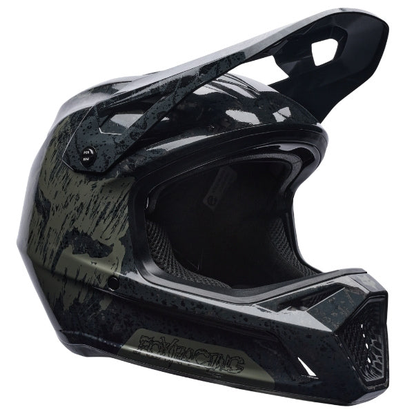 Fox Racing Rampage RS Abyss Helmet (MTB) in Black, left-side profile, with the extended visor, open face port, angular chin bar, side vents, and Fox graphics. Available options—Color: Black; Size: XS, SM, MD, LG, XL, 2X. SKU 41015-001-XS. UPC 198571106709.