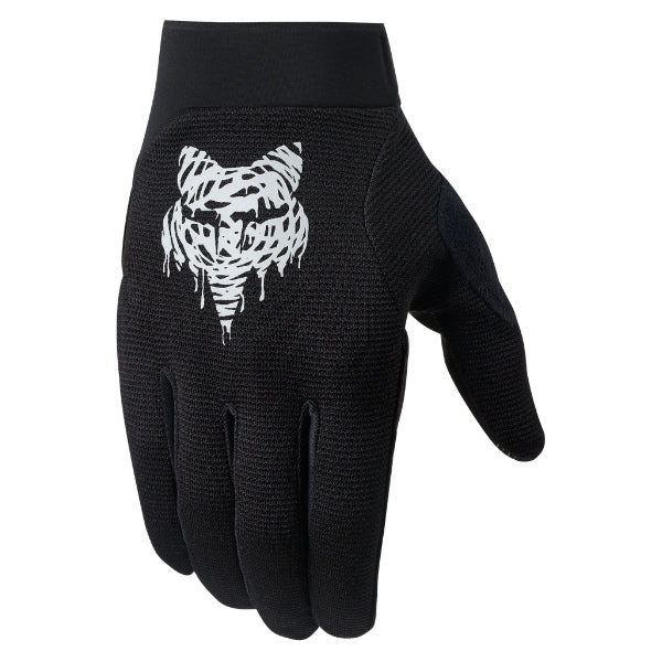 Fox Racing Ranger Gel Roughcut Gloves (MTB) in Black, back-of-hand view, with the Fox hand graphic, flexible finger panels, shaped knuckles, and stretch cuff. Available options—Color: Black, Chalk; Size: SM, MD, LG, XL, 2X. SKU 41032-001-S. UPC 198571107393.