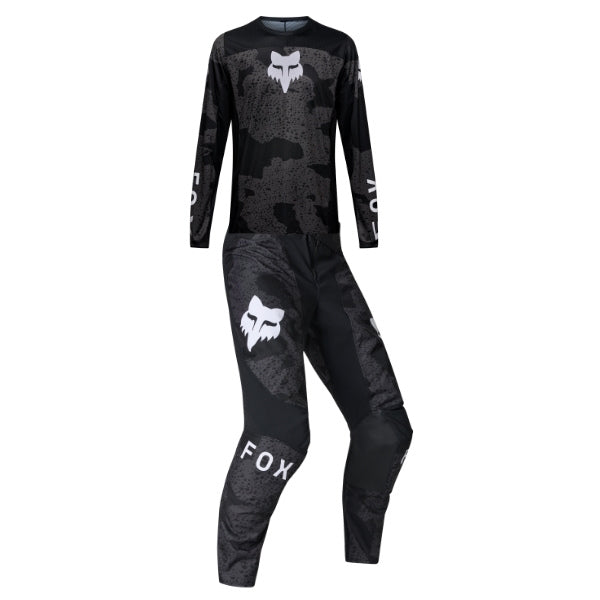 Fox Racing 180 BNKR Jersey, Pant Combo, studio layout of the jersey and matching riding pants, with the long-sleeve jersey above coordinated pants, matching Fox graphics, articulated knees, and contrasting leg panels.