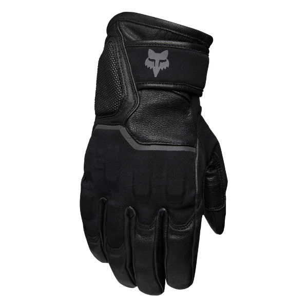 Fox Racing Bomber Pro Stealth GTX Gloves in Black, back-of-hand view, with the Fox hand graphic, flexible finger panels, shaped knuckles, and stretch cuff. Available options—Color: Black; Size: SM, MD, LG, XL, 2X, 3X. SKU 33599-001-S. UPC 198571121504.