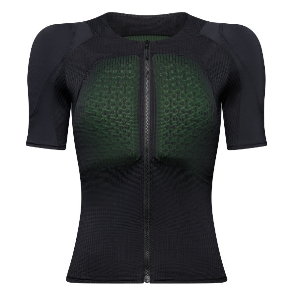 Fox Racing Baseframe Pro Short Sleeve (Womens) in Black, front product view, with the fitted black mesh body, integrated green perforated chest-impact panel, raglan sleeves, and Fox waist lettering. Available options—Color: Black; Size: SM, MD, LG. SKU 38398-001-S. UPC 198571133408.
