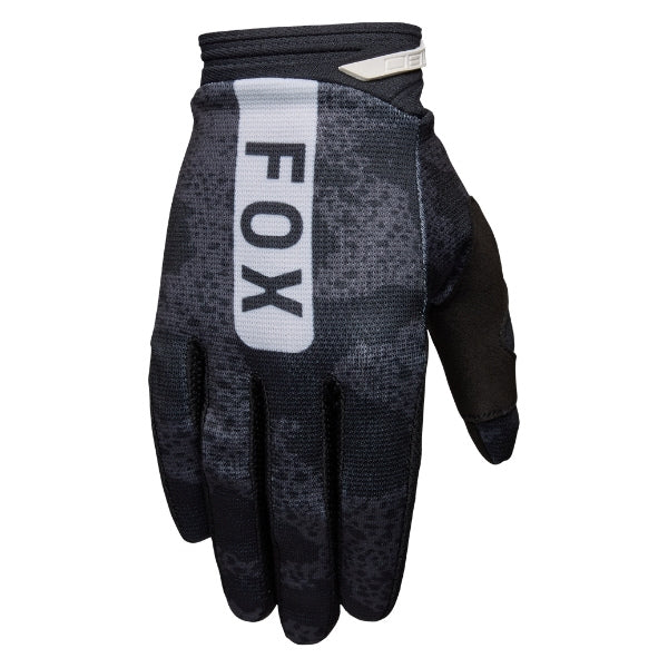 Fox Racing 180 BNKR Gloves in Black Camo, back-of-hand view, with the Fox hand graphic, flexible finger panels, shaped knuckles, and stretch cuff. Available options—Color: Black Camo; Size: SM, MD, LG, XL, 2X. SKU 40554-247-S. UPC 198571123195.