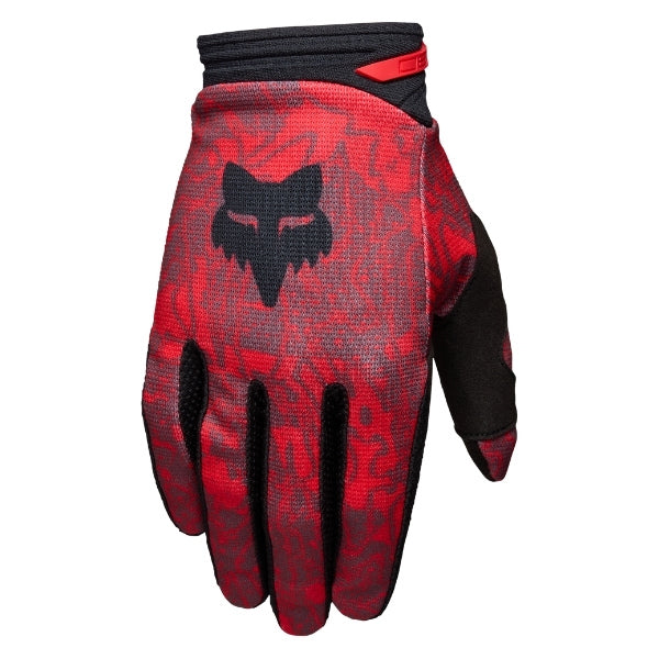 Fox Racing 180 Abyss Gloves in Flo Red, back-of-hand view, with the Fox hand graphic, flexible finger panels, shaped knuckles, and stretch cuff. Available options—Color: Flo Red; Size: SM, MD, LG, XL, 2X. SKU 40560-110-S. UPC 198571125618.