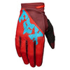 Fox Racing 180 Raid Gloves in Purple Lava, back-of-hand view, with the Fox hand graphic, flexible finger panels, shaped knuckles, and stretch cuff. Available options—Color: Purple Lava, Red, Deep Fern; Size: SM, MD, LG, XL, 2X. SKU 40561-E07-L. UPC 198571129067.