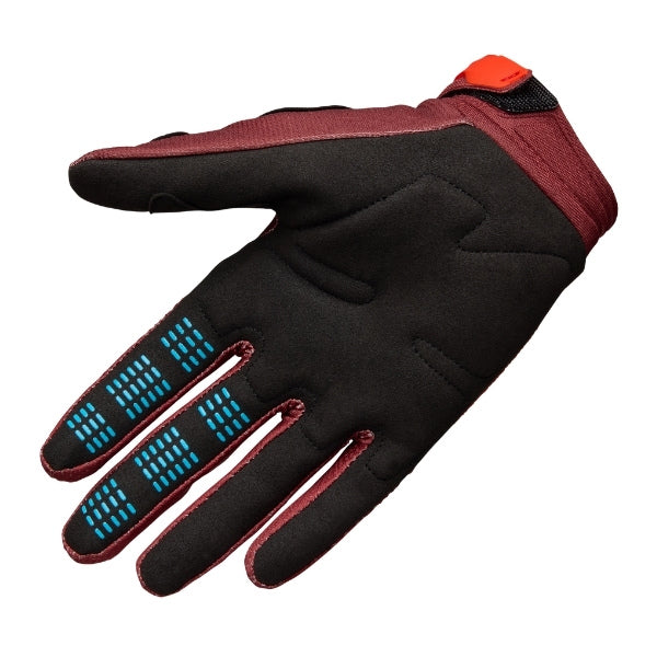 Fox Racing 180 Raid Gloves in Purple Lava, palm-side view, with the perforated palm, silicone finger grips, curved fingertips, and slip-on cuff. Available options—Color: Purple Lava, Red, Deep Fern; Size: SM, MD, LG, XL, 2X. SKU 40561-E07-XL. UPC 198571129074.