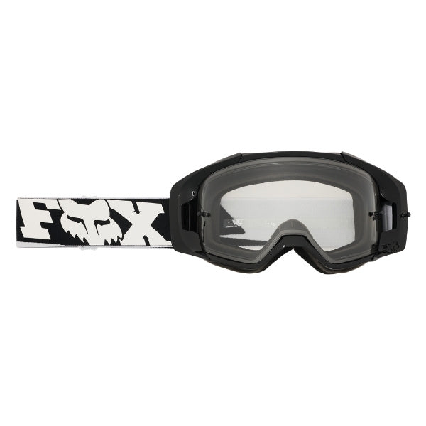 Fox Racing Vue Core Goggles in Black, straight-on lens view, with the curved lens, vented frame, nose bridge, foam edge, and Fox-branded strap. Available options—Color: Black, Blue Jewel, Red. SKU 40566-001-OS. UPC 198571122716.
