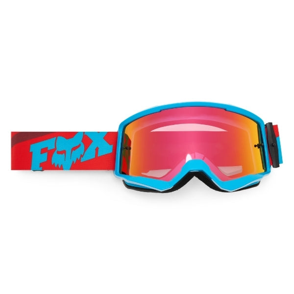 Fox Racing Main Raid Goggles in Rust, straight-on lens view, with the curved lens, vented frame, nose bridge, foam edge, and Fox-branded strap. Available options—Color: Rust, Purple Lava, Melon. SKU 40571-180-OS. UPC 198571131039.