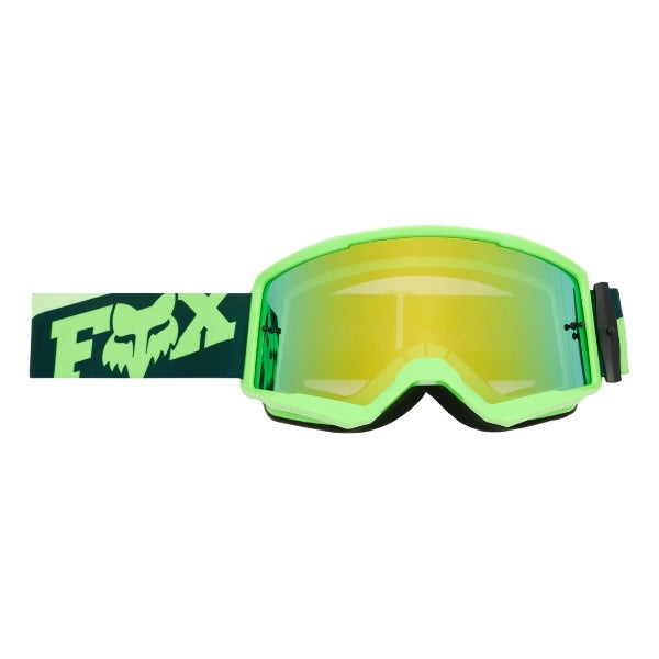 Fox Racing Main Raid Goggles in Melon, rear view of the branded strap, with the wide elastic strap, silicone grip bands, woven Fox lettering, and rear frame edge. Available options—Color: Rust, Purple Lava, Melon.