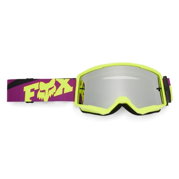 Fox Racing Main Raid Goggles in Melon, three-quarter lens and frame view, with the curved lens, vented frame, nose bridge, foam edge, and Fox-branded strap. Available options—Color: Rust, Purple Lava, Melon.