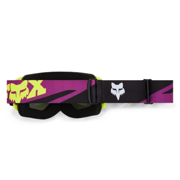 Fox Racing Main Raid Goggles in Melon, side view of the frame and strap attachment, with the wide elastic strap, silicone grip bands, woven Fox lettering, and rear frame edge. Available options—Color: Rust, Purple Lava, Melon.