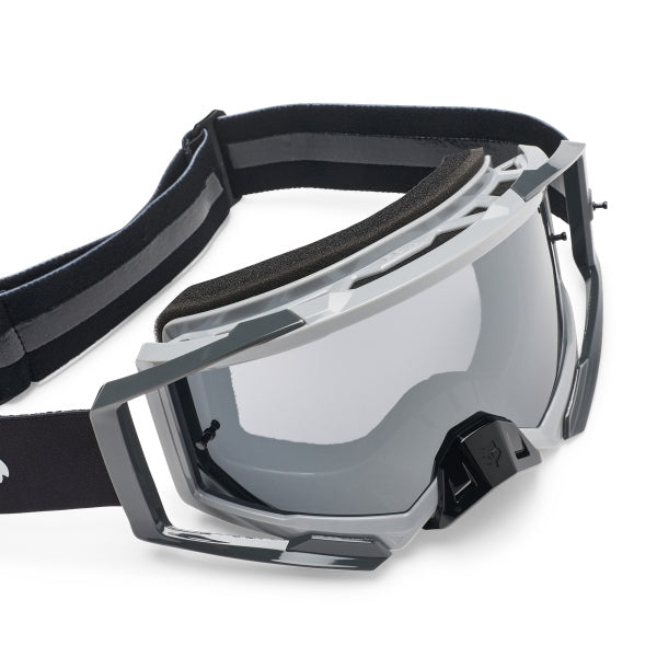 Fox Racing Airspace Foundry Goggles in HiViz Yellow, straight-on lens view, with the curved lens, vented frame, nose bridge, foam edge, and Fox-branded strap. Available options—Color: Black/Grey, Chili, HiViz Yellow, Sky Blue. SKU 40574-A46-OS. UPC 198571126240.