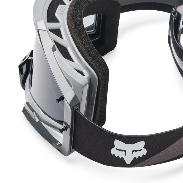 Fox Racing Airspace Foundry Goggles in Sky Blue, straight-on lens view, with the curved lens, vented frame, nose bridge, foam edge, and Fox-branded strap. Available options—Color: Black/Grey, Chili, HiViz Yellow, Sky Blue. SKU 40574-D67-OS. UPC 198571131343.
