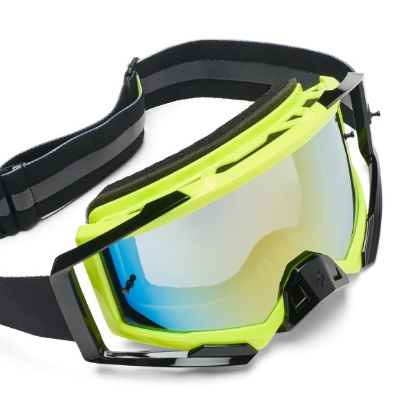 Fox Racing Airspace Foundry Goggles in Sky Blue, three-quarter lens and frame view, with the curved lens, vented frame, nose bridge, foam edge, and Fox-branded strap. Available options—Color: Black/Grey, Chili, HiViz Yellow, Sky Blue.