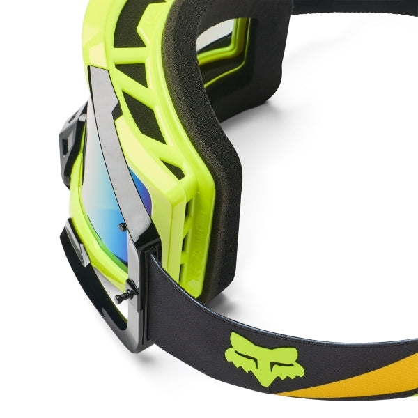 Fox Racing Airspace Foundry Goggles in Sky Blue, side view of the frame and strap attachment, with the wide elastic strap, silicone grip bands, woven Fox lettering, and rear frame edge. Available options—Color: Black/Grey, Chili, HiViz Yellow, Sky Blue.