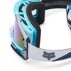 Fox Racing Airspace Foundry Goggles in Sky Blue, three-quarter lens and frame view, with the curved lens, vented frame, nose bridge, foam edge, and Fox-branded strap. Available options—Color: Black/Grey, Chili, HiViz Yellow, Sky Blue.
