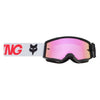 Fox Racing Main Draft Spark Goggles (Youth) in Black/Pink, side view of the frame and strap attachment, with the wide elastic strap, silicone grip bands, woven Fox lettering, and rear frame edge. Available options—Color: Sunburst, Black/Pink.