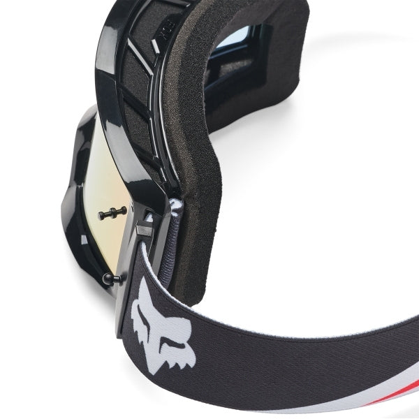 Fox Racing Main Draft Spark Goggles (Youth) in Black/Pink, rear view of the branded strap, with the wide elastic strap, silicone grip bands, woven Fox lettering, and rear frame edge. Available options—Color: Sunburst, Black/Pink.