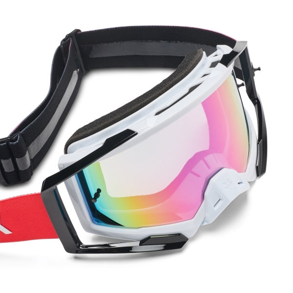 Fox Racing Airspace Clutch Goggles in Neon Pink, straight-on lens view, with the curved lens, vented frame, nose bridge, foam edge, and Fox-branded strap. Available options—Color: White/Black, Neon Pink.