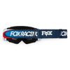 Fox Racing Airspace Temper Goggles in Grape, straight-on lens view, with the curved lens, vented frame, nose bridge, foam edge, and Fox-branded strap. Available options—Color: Midnight, Grape, Daffodil. SKU 40578-443-OS. UPC 198571125823.