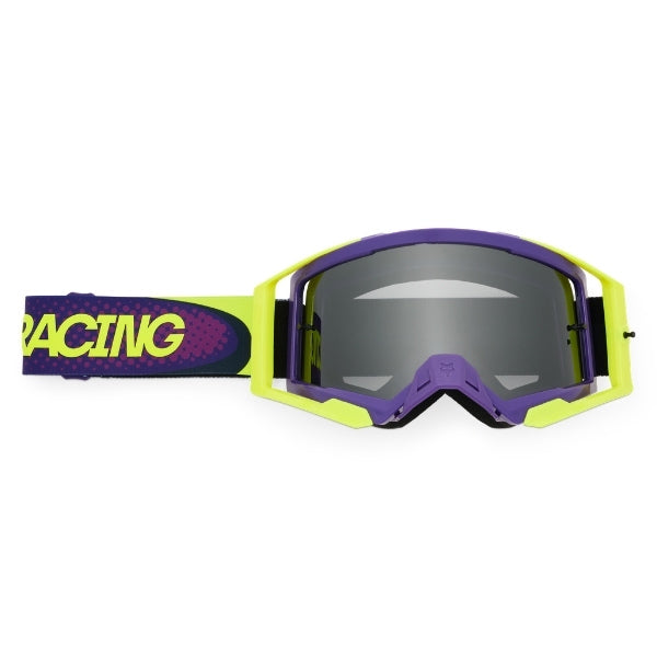 Fox Racing Airspace Temper Goggles in Daffodil, straight-on lens view, with the curved lens, vented frame, nose bridge, foam edge, and Fox-branded strap. Available options—Color: Midnight, Grape, Daffodil. SKU 40578-496-OS. UPC 198571124789.