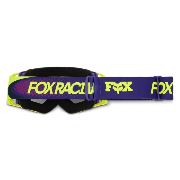 Fox Racing Airspace Temper Goggles in Daffodil, rear view of the branded strap, with the wide elastic strap, silicone grip bands, woven Fox lettering, and rear frame edge. Available options—Color: Midnight, Grape, Daffodil.