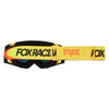Fox Racing Airspace Temper Goggles in Daffodil, side view of the frame and strap attachment, with the wide elastic strap, silicone grip bands, woven Fox lettering, and rear frame edge. Available options—Color: Midnight, Grape, Daffodil.
