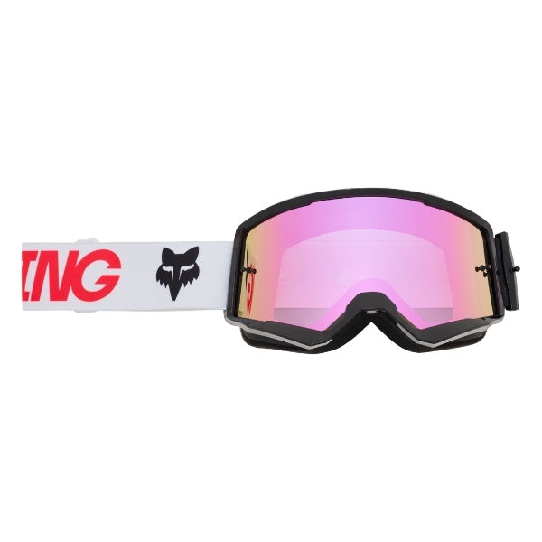 Fox Racing Main Draft Goggles in Melon, three-quarter lens and frame view, with the curved lens, vented frame, nose bridge, foam edge, and Fox-branded strap. Available options—Color: Sunburst, Black/Pink, Melon.