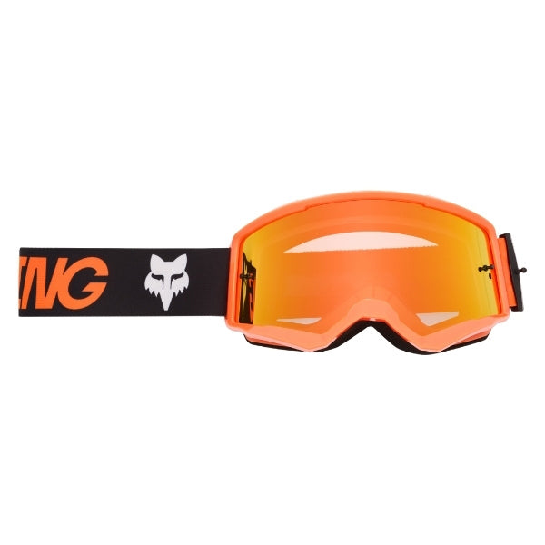 Fox Racing Main Draft Goggles in Sunburst, straight-on lens view, with the curved lens, vented frame, nose bridge, foam edge, and Fox-branded strap. Available options—Color: Sunburst, Black/Pink, Melon. SKU 40579-460-OS. UPC 198571131497.